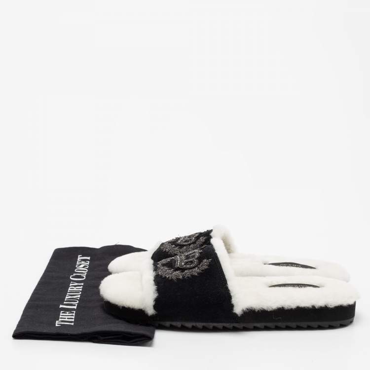 Pre Owned Dolce & Gabbana White/Black Fur and Suede Crown Crystal Embellished Flat Slides Size 41.5