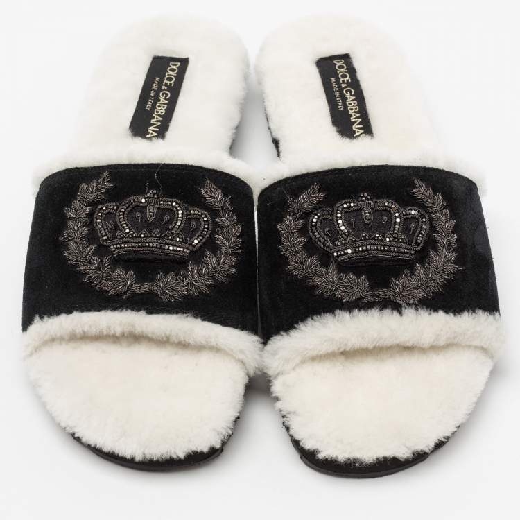 Pre Owned Dolce & Gabbana White/Black Fur and Suede Crown Crystal Embellished Flat Slides Size 41.5