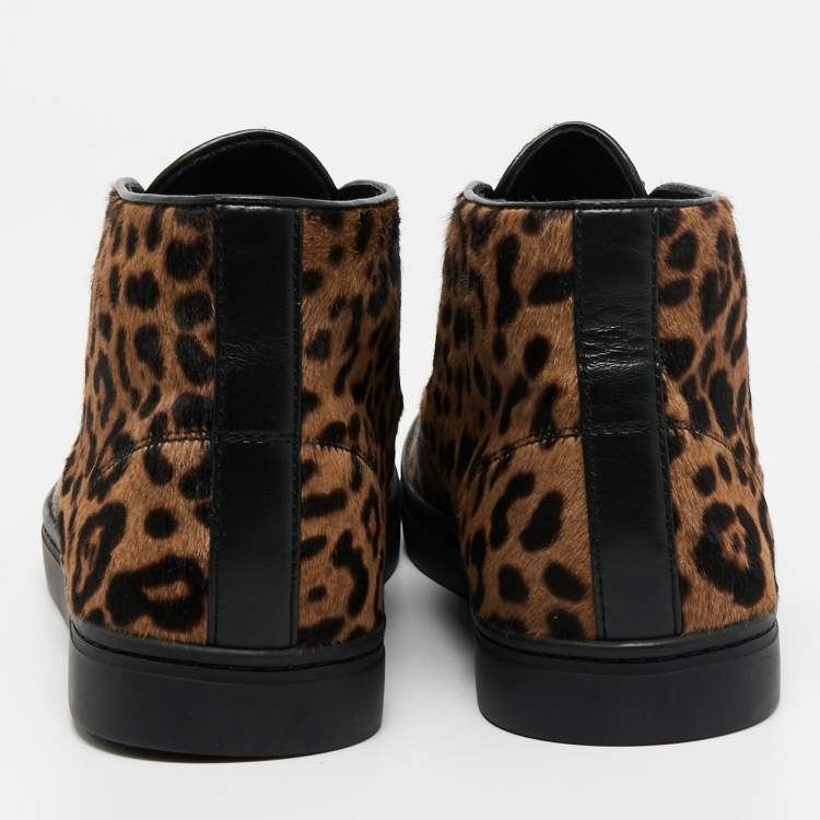 مملوكة مسبقًا Dolce & Gabbana Brown Leopard Print Calf Hair High Top Sneakers Size 43.5