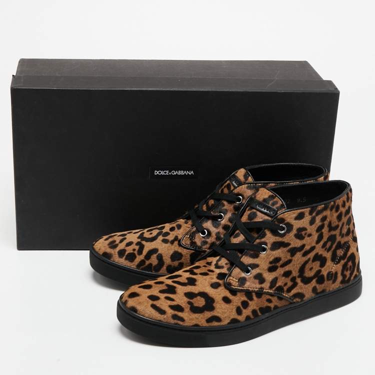 مملوكة مسبقًا Dolce & Gabbana Brown Leopard Print Calf Hair High Top Sneakers Size 43.5