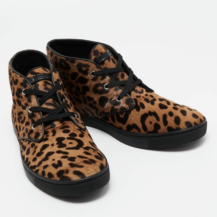 مملوكة مسبقًا Dolce & Gabbana Brown Leopard Print Calf Hair High Top Sneakers Size 43.5