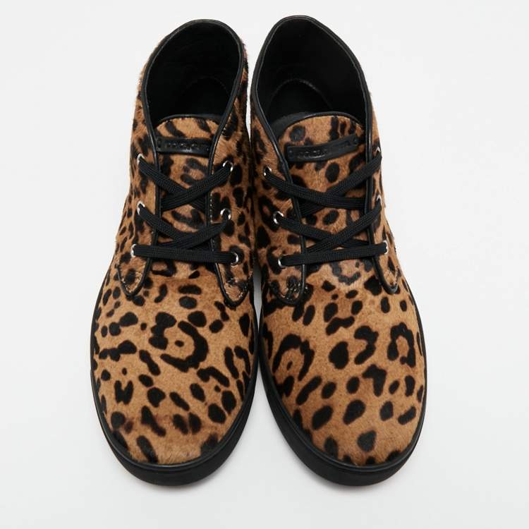 مملوكة مسبقًا Dolce & Gabbana Brown Leopard Print Calf Hair High Top Sneakers Size 43.5