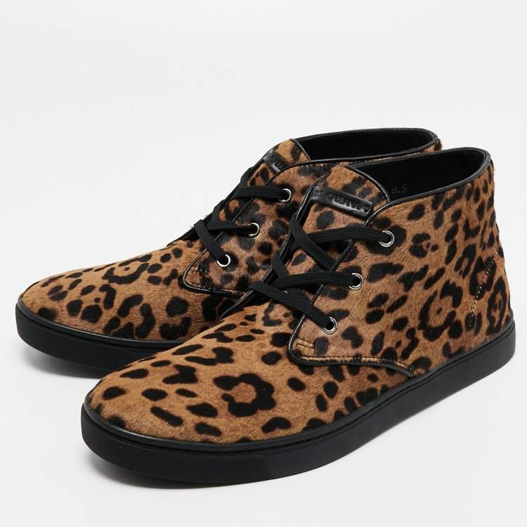مملوكة مسبقًا Dolce & Gabbana Brown Leopard Print Calf Hair High Top Sneakers Size 43.5