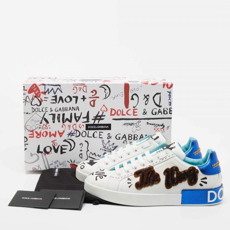 Pre Owned Dolce & Gabbana White Portofino Leather Printed Sneakers Size 42.5