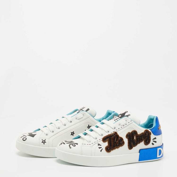 Pre Owned Dolce & Gabbana White Portofino Leather Printed Sneakers Size 42.5