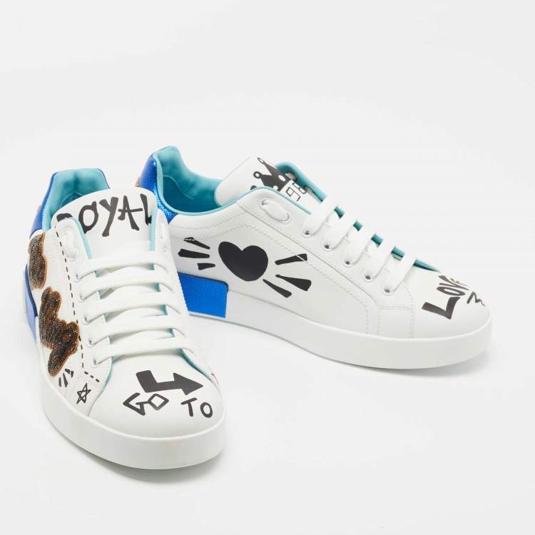 Pre Owned Dolce & Gabbana White Portofino Leather Printed Sneakers Size 42.5