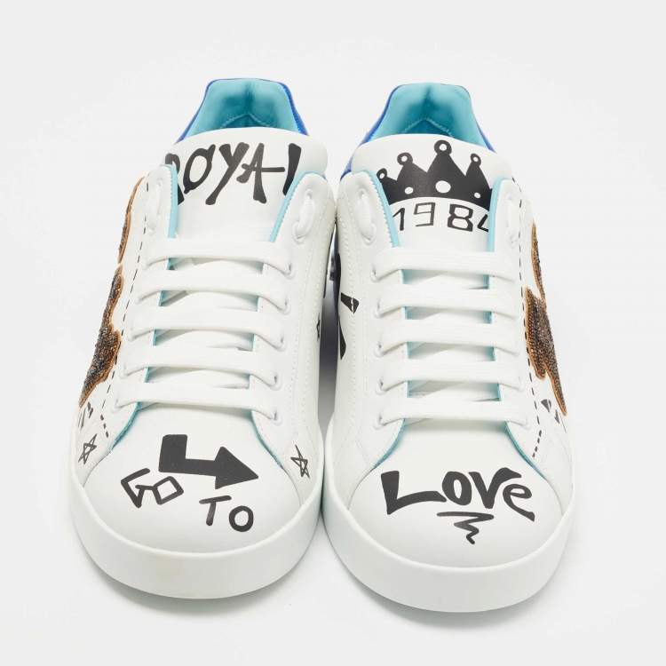 Pre Owned Dolce & Gabbana White Portofino Leather Printed Sneakers Size 42.5