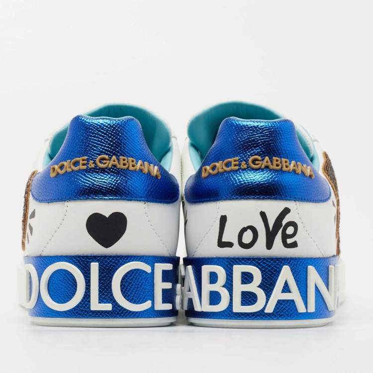 Pre Owned Dolce & Gabbana White Portofino Leather Printed Sneakers Size 42.5