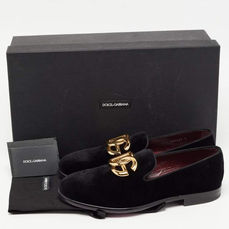 Pre Owned Dolce & Gabbana Black Velvet DG Logo Smoking Slippers Size 41