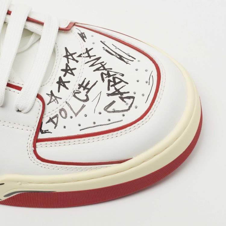 Pre Owned Dolce & Gabbana Red/White Printed Leather New Roma Low-Top Sneakers Size 46