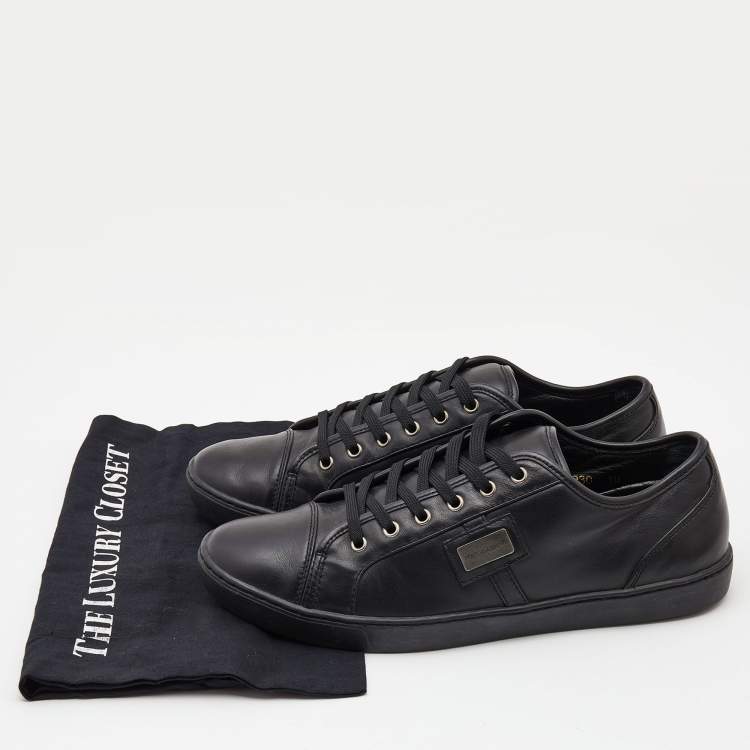 Pre Owned Dolce & Gabbana Black Leather Logo Plaque Low Top Sneakers Size 44