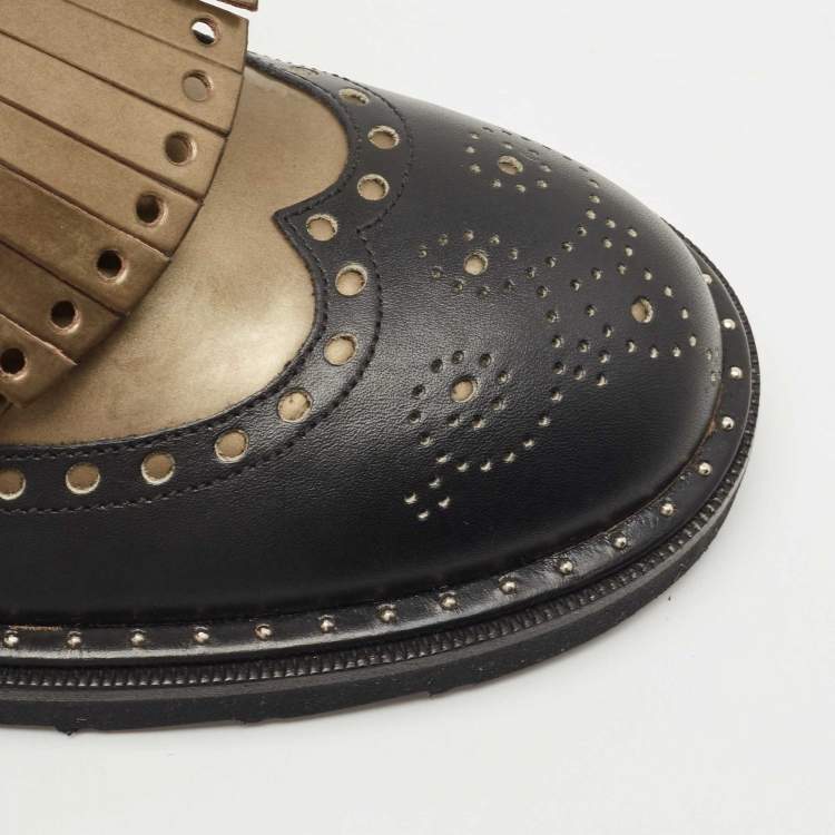 Pre Owned Dolce & Gabbana Black/Green Studded Leather Brogue Detail Fringe Oxfords Size 41