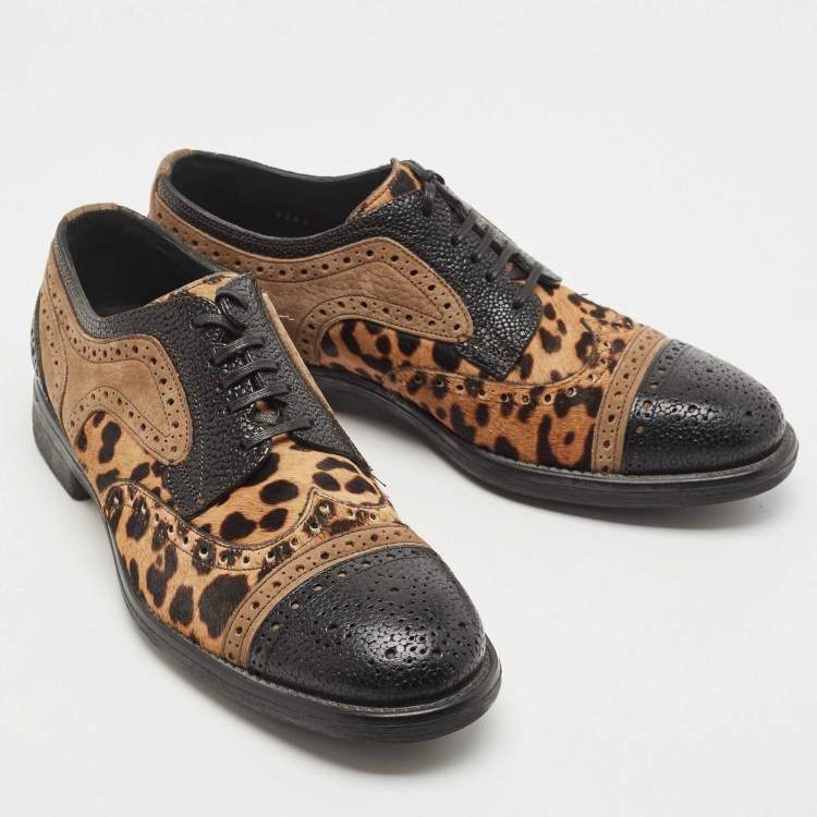Pre Owned Dolce & Gabbana Leather And Calf Hair Leopard Print Oxfords Size 41