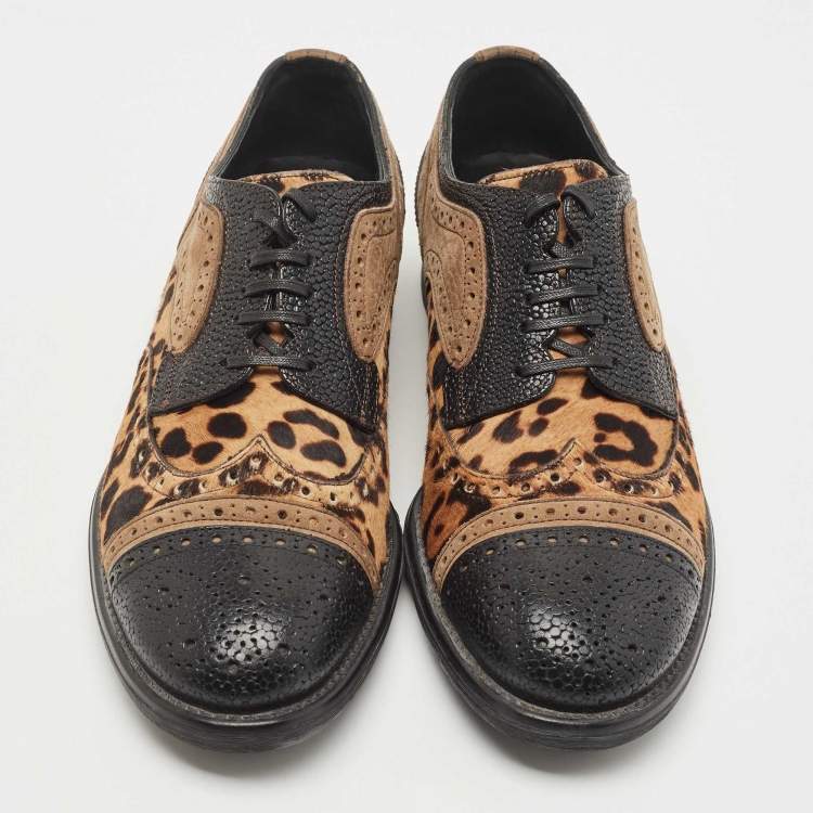 Pre Owned Dolce & Gabbana Leather And Calf Hair Leopard Print Oxfords Size 41
