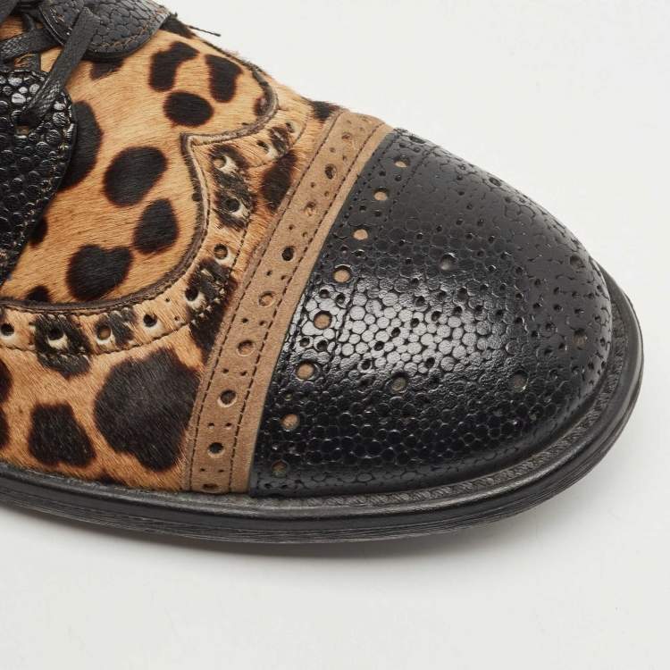 Pre Owned Dolce & Gabbana Leather And Calf Hair Leopard Print Oxfords Size 41