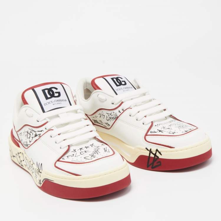 Pre Owned Dolce & Gabbana Red/White Printed Leather New Roma Low-Top Sneakers Size 41