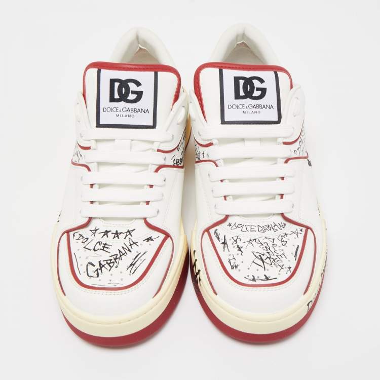 Pre Owned Dolce & Gabbana Red/White Printed Leather New Roma Low-Top Sneakers Size 41