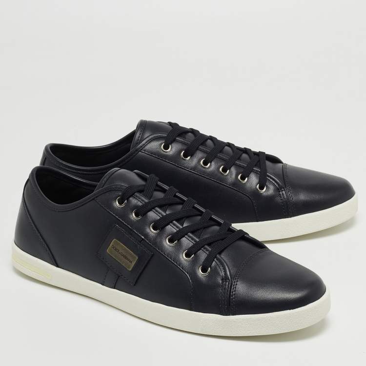 Pre Owned Dolce & Gabbana Navy Blue Leather Logo Plaque Sneakers Size 44
