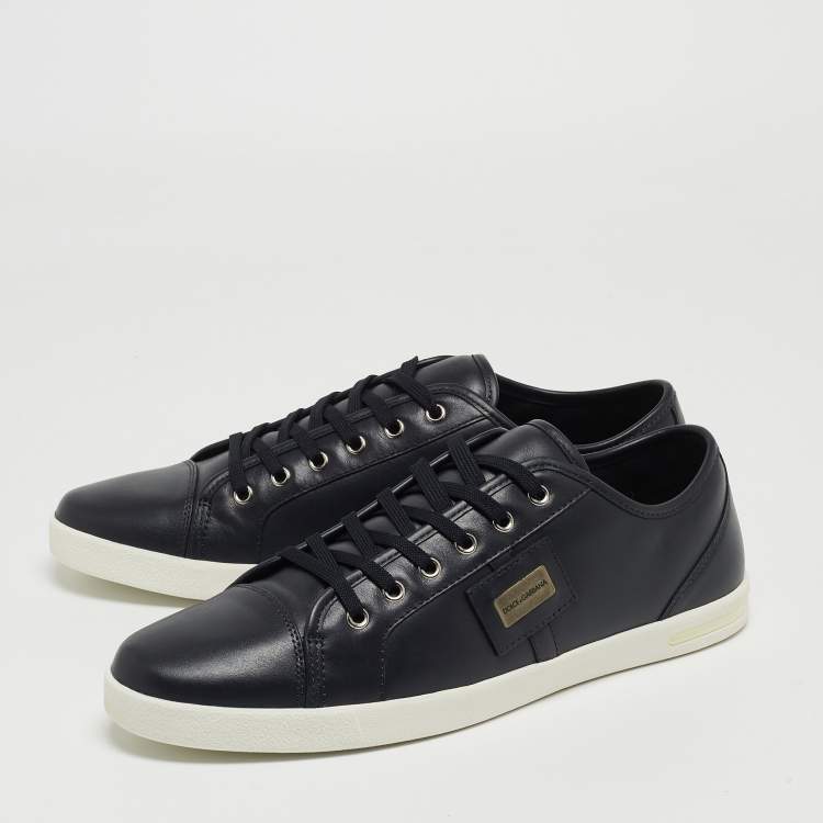 Pre Owned Dolce & Gabbana Navy Blue Leather Logo Plaque Sneakers Size 44