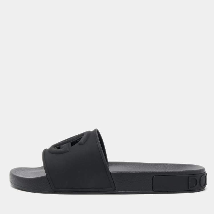 Pre Owned Dolce & Gabbana Black Rubber Logo Flat Slides Size 43
