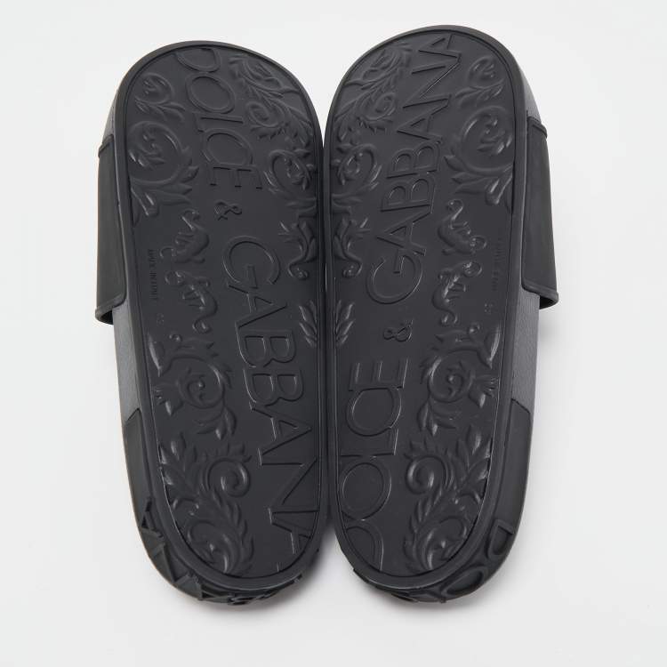 Pre Owned Dolce & Gabbana Black Rubber Logo Flat Slides Size 43
