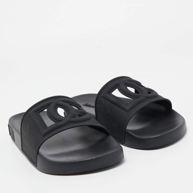 Pre Owned Dolce & Gabbana Black Rubber Logo Flat Slides Size 43