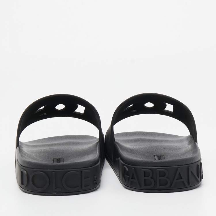 Pre Owned Dolce & Gabbana Black Rubber Logo Flat Slides Size 43