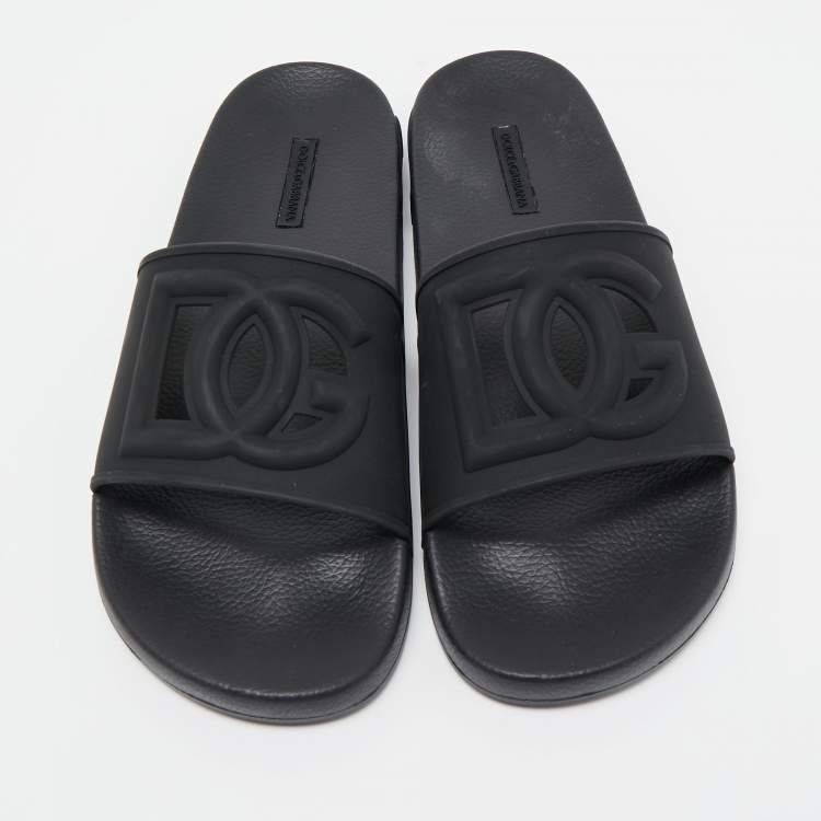 Pre Owned Dolce & Gabbana Black Rubber Logo Flat Slides Size 43