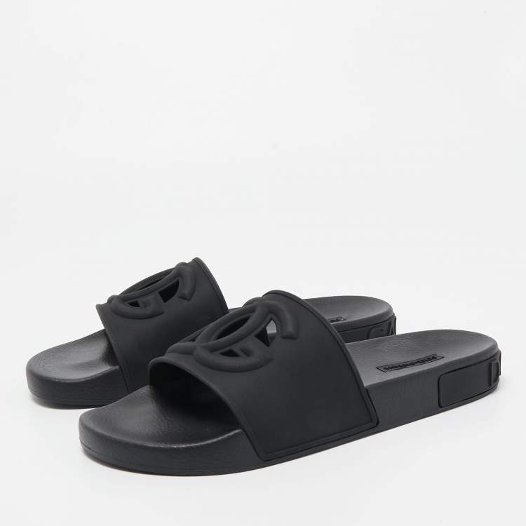 Pre Owned Dolce & Gabbana Black Rubber Logo Flat Slides Size 43