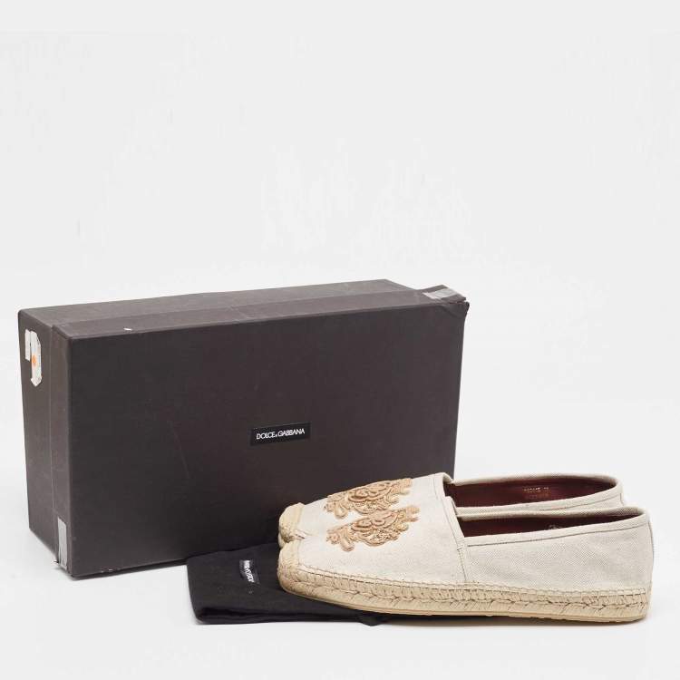 Pre Owned Dolce & Gabbana Beige Canvas Embroidered Slip On Espadrilles Size 45