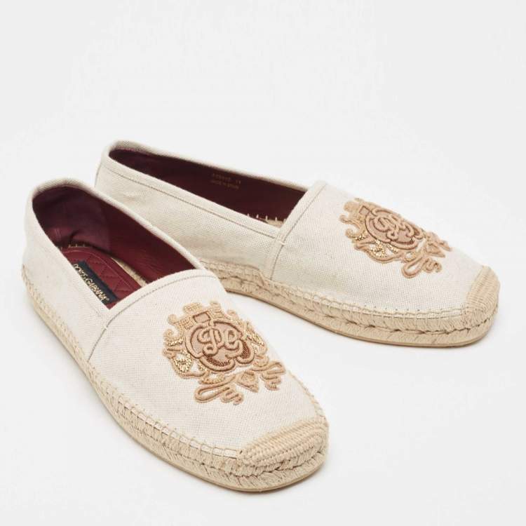 Pre Owned Dolce & Gabbana Beige Canvas Embroidered Slip On Espadrilles Size 45