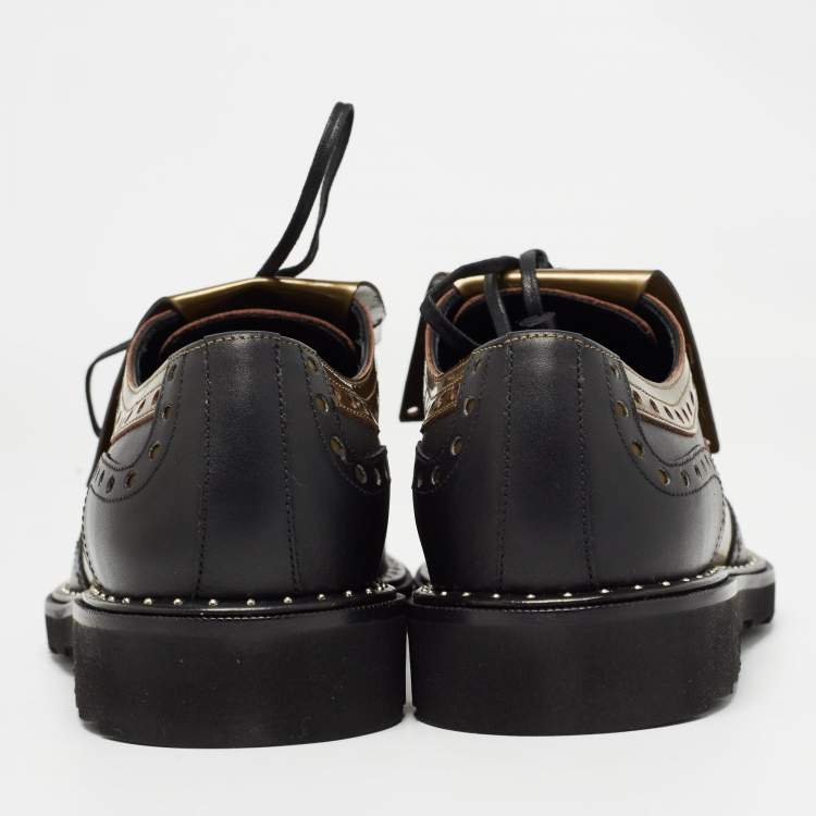 Pre Owned Dolce & Gabbana Black/Green Brogue Leather Fringe Oxfords Size 41