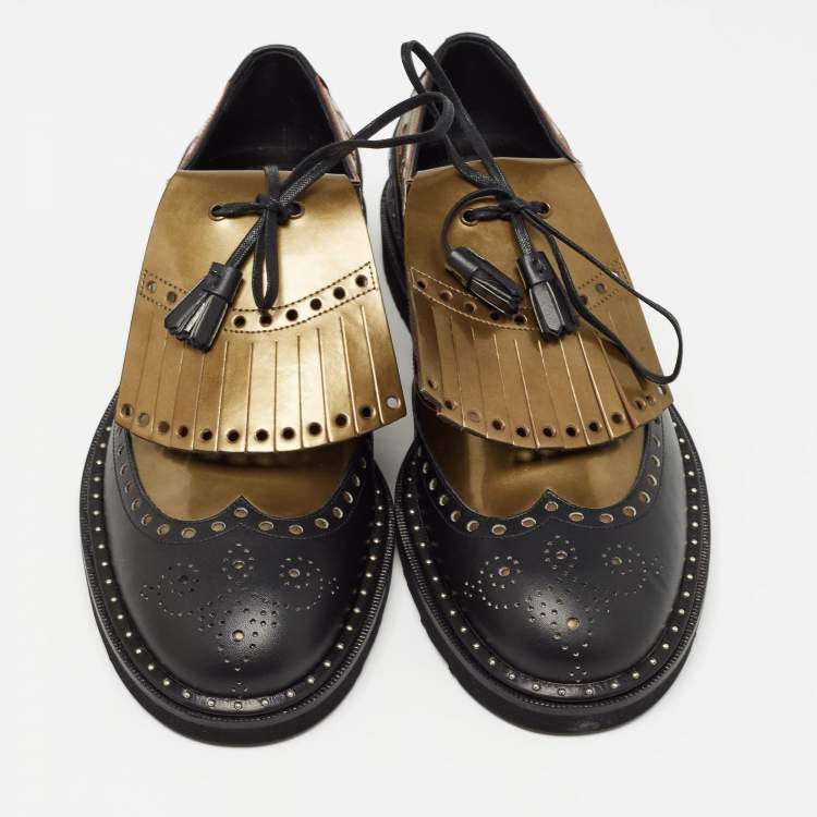 Pre Owned Dolce & Gabbana Black/Green Brogue Leather Fringe Oxfords Size 41
