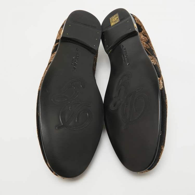 Pre Owned Dolce & Gabbana Black/Gold Velvet Floral Young Pope Smoking Slippers Size 43