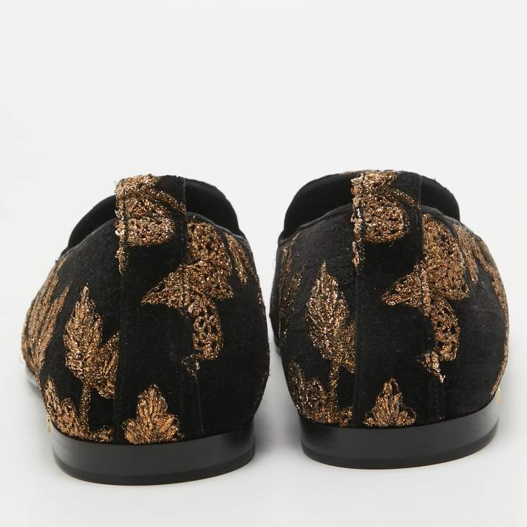 Pre Owned Dolce & Gabbana Black/Gold Velvet Floral Young Pope Smoking Slippers Size 43