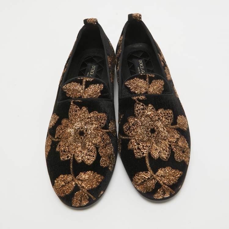 Pre Owned Dolce & Gabbana Black/Gold Velvet Floral Young Pope Smoking Slippers Size 43
