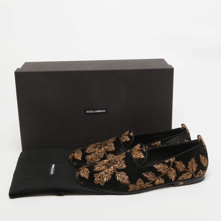 Pre Owned Dolce & Gabbana Black/Gold Velvet Floral Young Pope Smoking Slippers Size 43