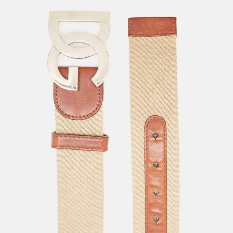 Pre Owned Dolce & Gabbana Beige/Brown Canvas and Leather Logo Buckle Belt 105 CM