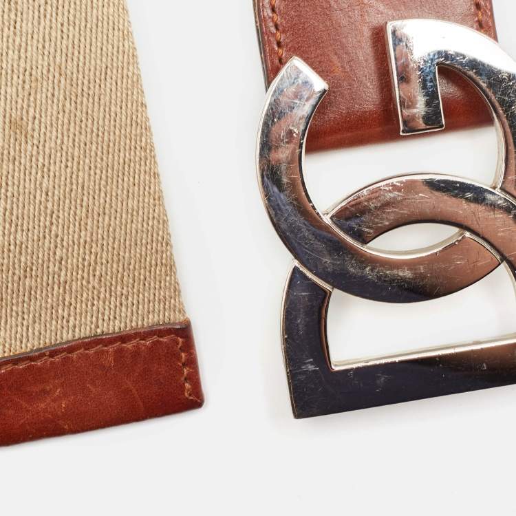 Pre Owned Dolce & Gabbana Beige/Brown Canvas and Leather Logo Buckle Belt 105 CM