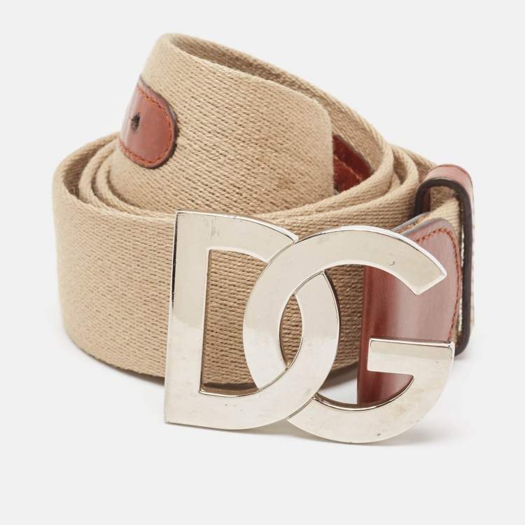 Pre Owned Dolce & Gabbana Beige/Brown Canvas and Leather Logo Buckle Belt 105 CM