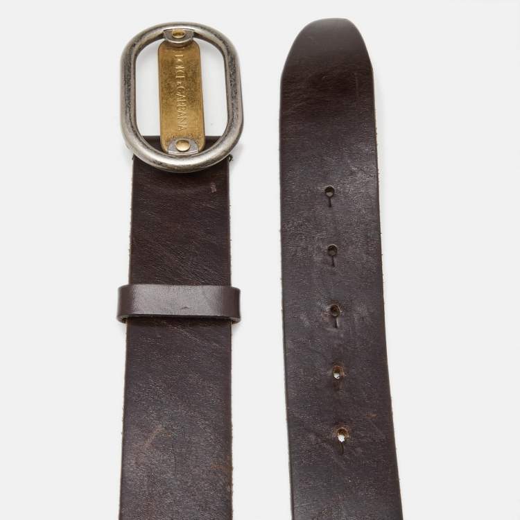 مملوكة مسبقًا Dolce & Gabbana Dark Brown Leather Oval Logo Buckle Belt 95CM