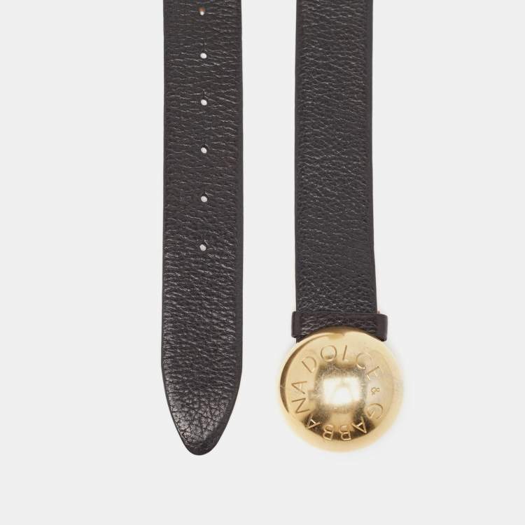 Pre Owned Dolce & Gabbana Black Leather Round Logo Plague Belt 95 CM