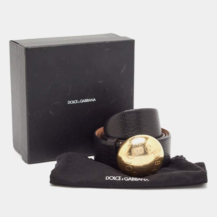 Pre Owned Dolce & Gabbana Black Leather Round Logo Plague Belt 95 CM