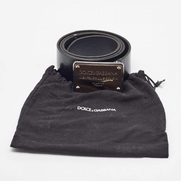 Pre Owned Dolce & Gabbana Black Leather Logo Plaque Belt 95CM