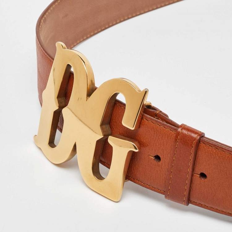 Pre Owned Dolce & Gabbana Tan Leather DG Logo Plaque Belt 95CM