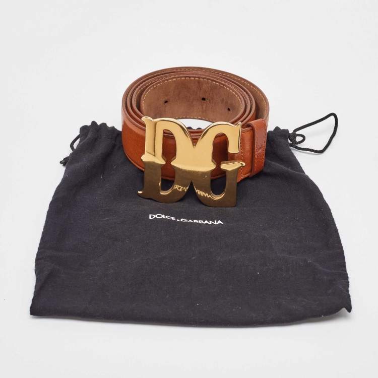 Pre Owned Dolce & Gabbana Tan Leather DG Logo Plaque Belt 95CM