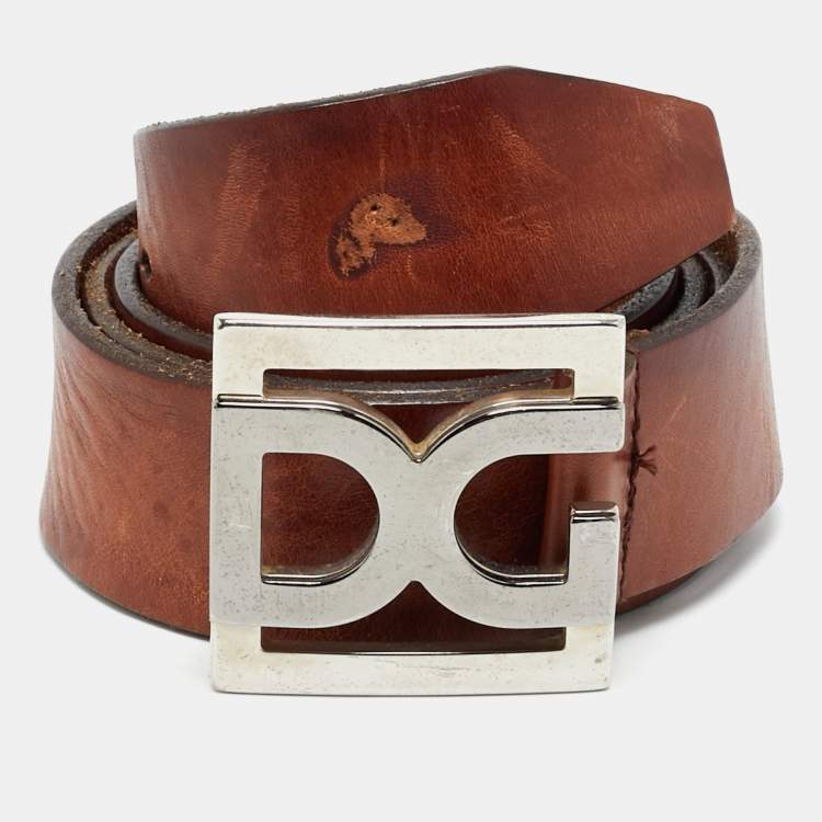 Pre Owned Dolce & Gabbana Brown Leather DG Logo Belt 100CM