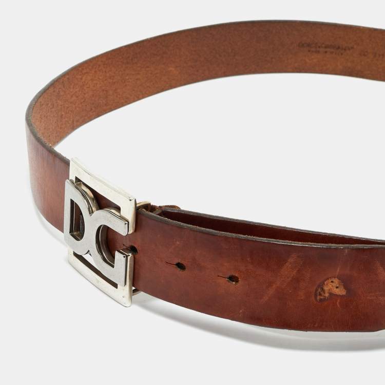 Pre Owned Dolce & Gabbana Brown Leather DG Logo Belt 100CM