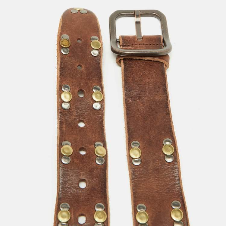 Pre Owned Dolce & Gabbana Dark Brown Leather Vintage Studded Buckle Belt 95CM