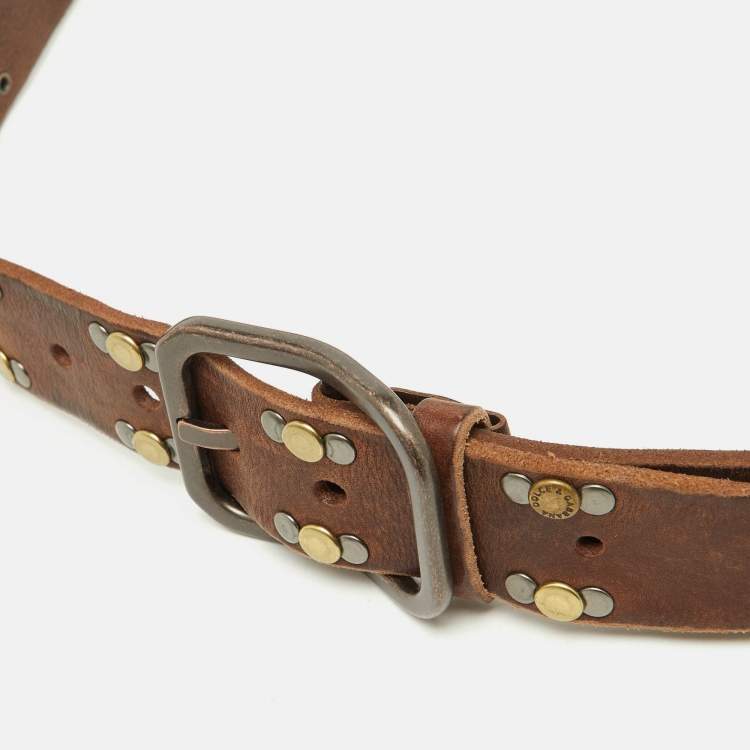 Pre Owned Dolce & Gabbana Dark Brown Leather Vintage Studded Buckle Belt 95CM